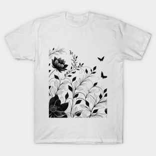Simple black and white flower botanical pattern T-Shirt